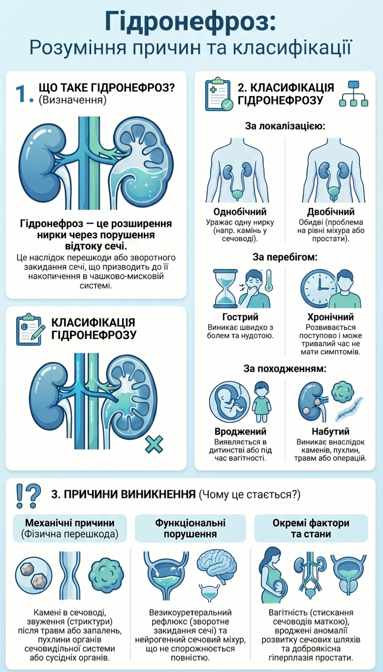 Гідронефроз: розуміння причин та класифікації — інфографіка