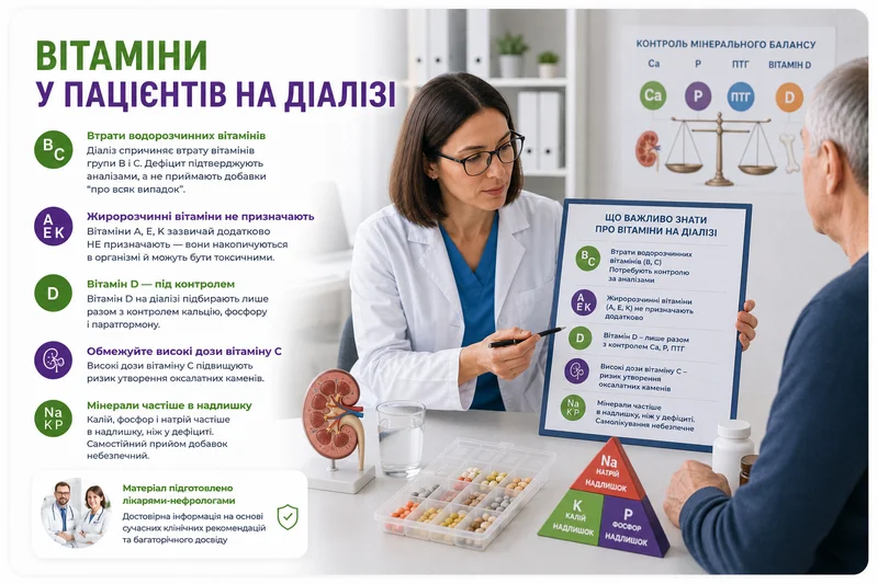 Вітаміни та мікроелементи у пацієнтів на діалізі: які потрібні, які небезпечні та як приймати без ризику