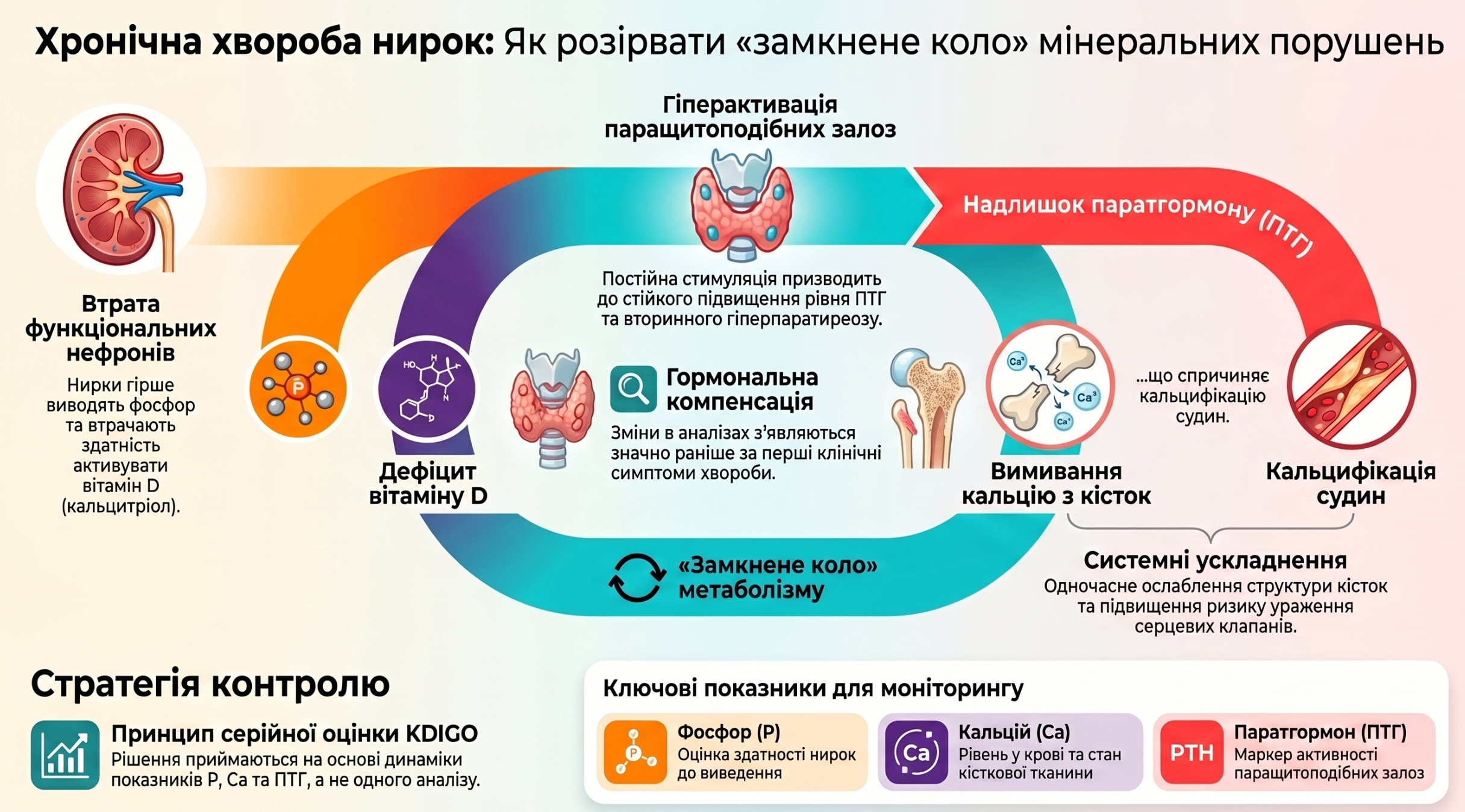 Схема порушень фосфорно-кальцієвого обміну при хронічній хворобі нирок